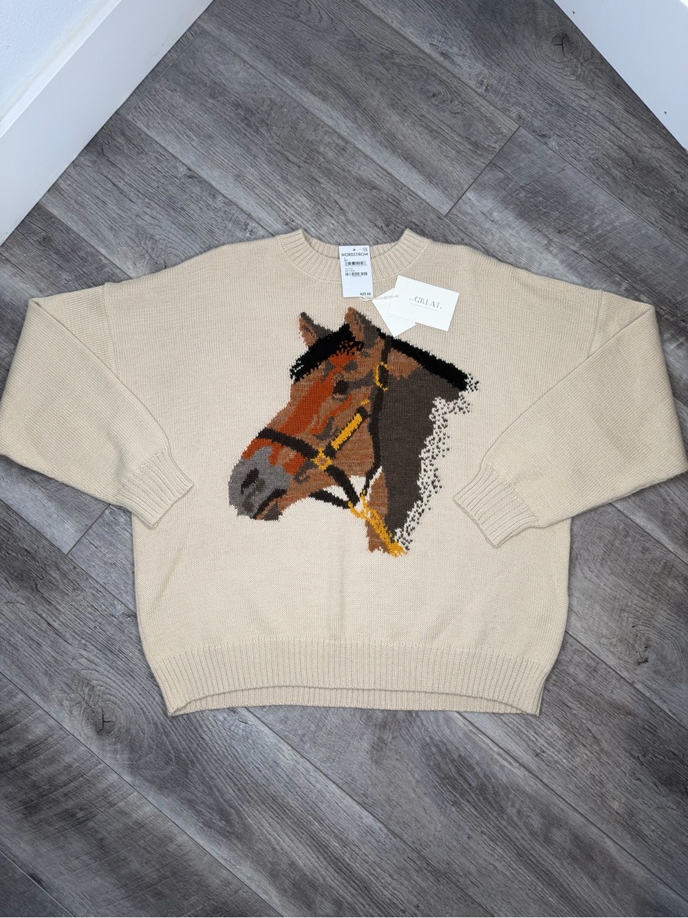 THE GREAT. Beige Crewneck Sweater with Horse Size 3